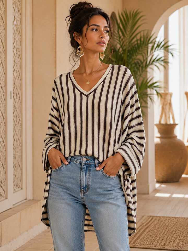 Emily Striped Fine Knit Top with Hi Lo Hemline - (Oversized/Curvy - fits Size 16 to Size 20) - Cream/Chocolate