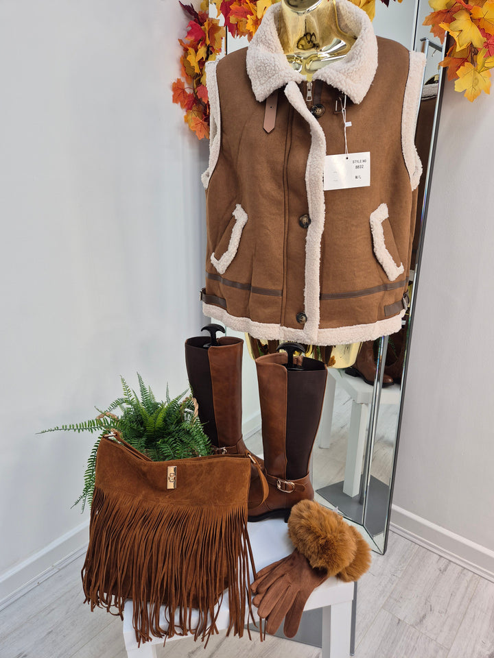 Borg Gilet with Zip - Tan (One Size fitting from Size 12 up to Size 16)