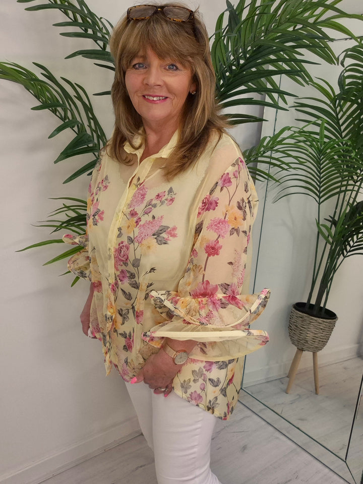 Alba Floral Chiffon Double Fluted Sleeve Blouse - (choose your Colour) - (Oversized)