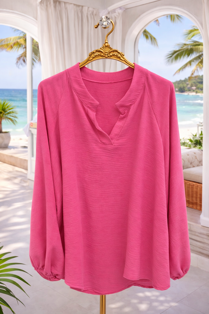 Mandy Mandarin Collar Blouse - Hot Pink (One Size/Curvy - fitting from Size 16 up to Size 20)