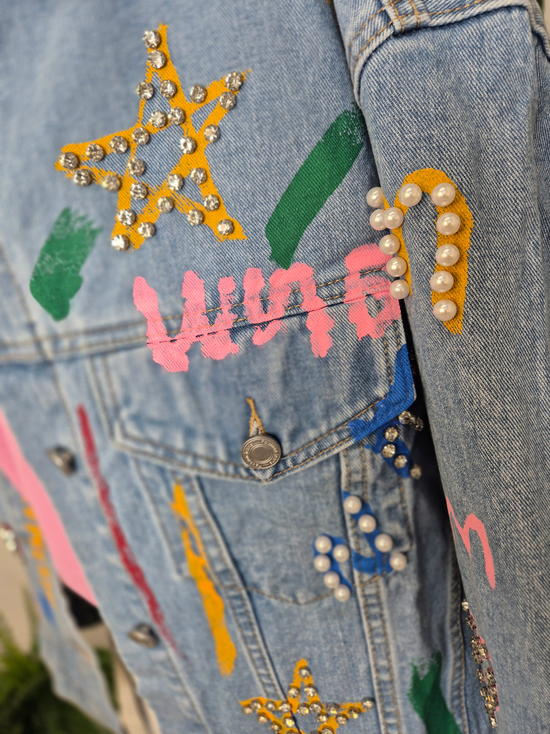 Paint Splashed Denim Jacket with Crystals - Stonewashed
