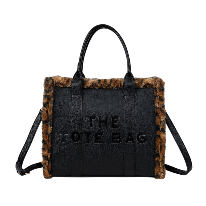 Oslo Tote Bag - Black with Chocolate Leopard Faux Fur (Large Size)