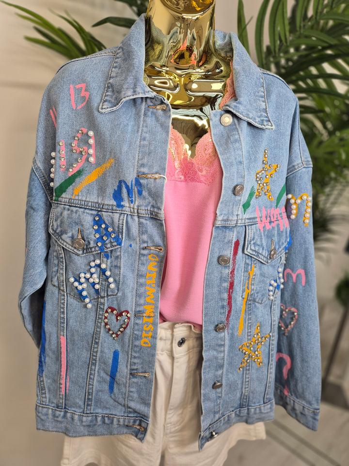 Paint Splashed Denim Jacket with Crystals - Stonewashed