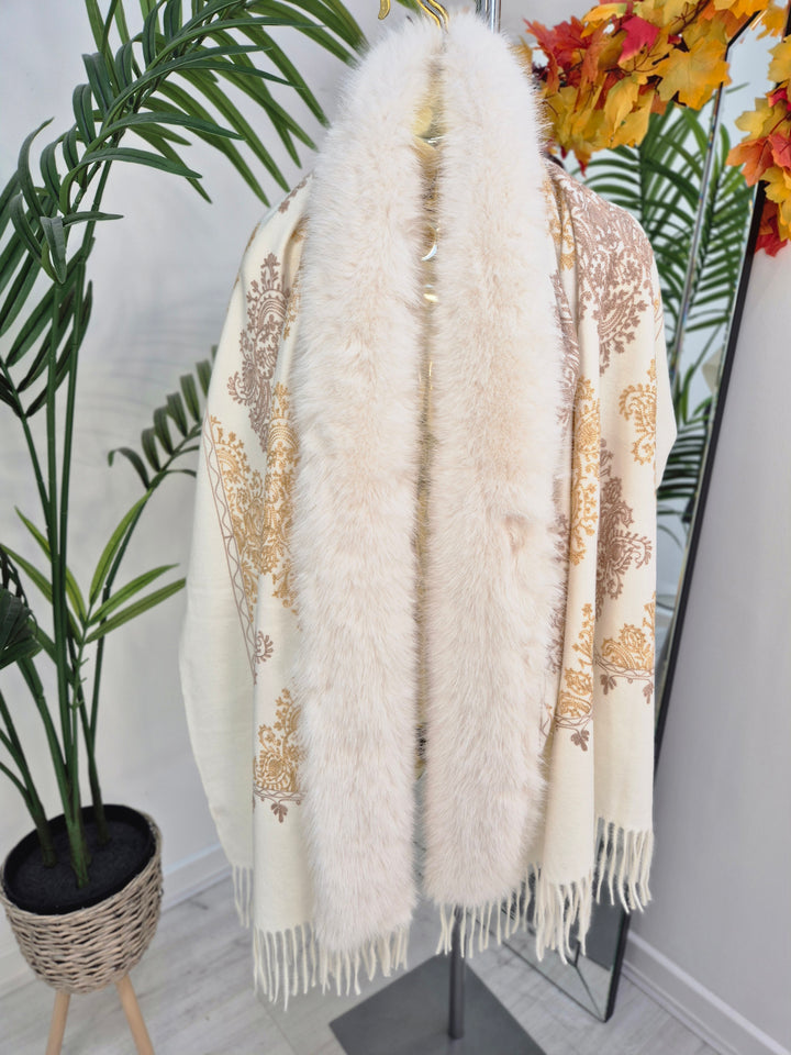 Oslo Faux Fur Shawl/Wrap - Winter White/Gold (Oversized)