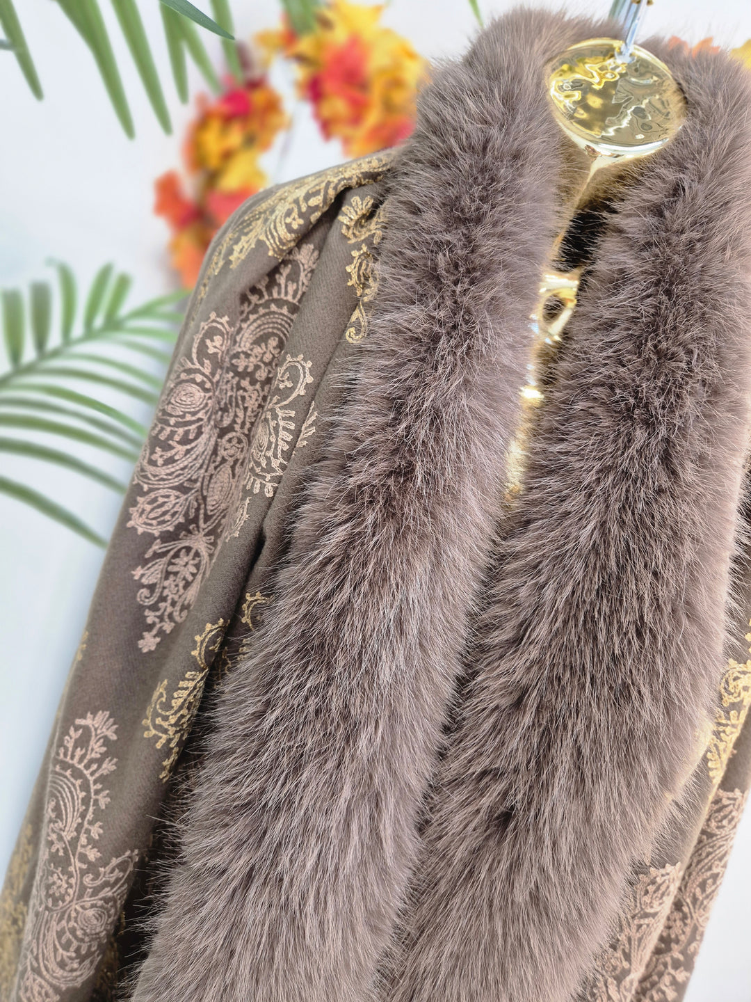 Oslo Faux Fur Shawl/Wrap - Chocolate/Gold (Oversized)