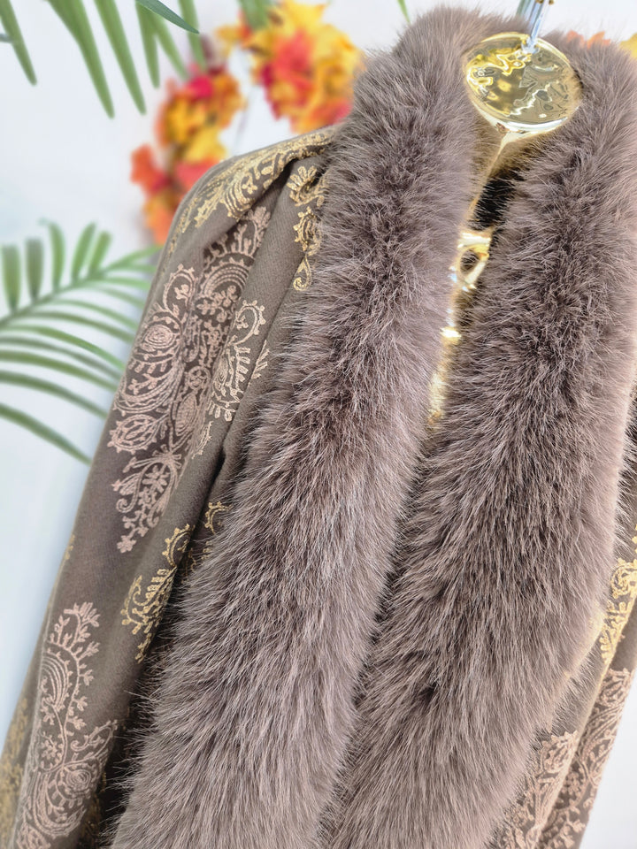 Oslo Faux Fur Shawl/Wrap - Chocolate/Gold (Oversized)