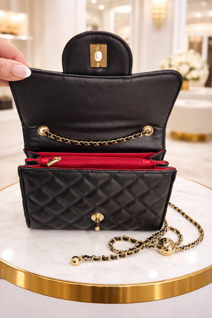 Quilted Faux Leather Turnlock Bag - Black