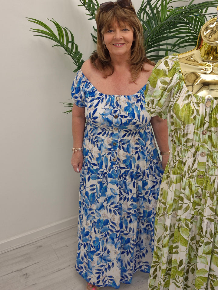 Sicily Magic Bardot Dress with Metallic Gold Foil - (choose your Colour) - One Size/Curvy