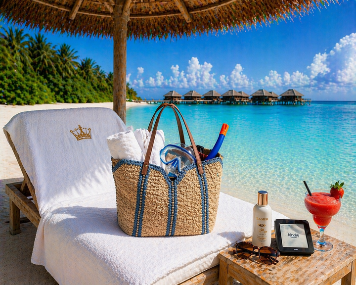 Maldives Beach Bag (Zipped & Fully Lined with Dual Faux Leather Handles - Natural/Blue