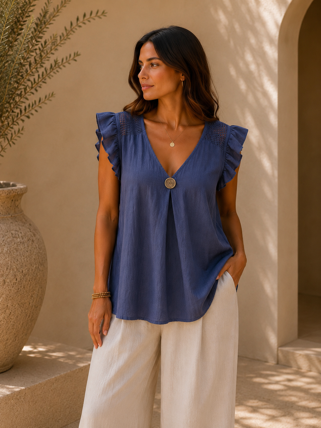 Tuscany Frilled Top with Mesh Shoulders (One Size, fits up to Size 16) - French Navy