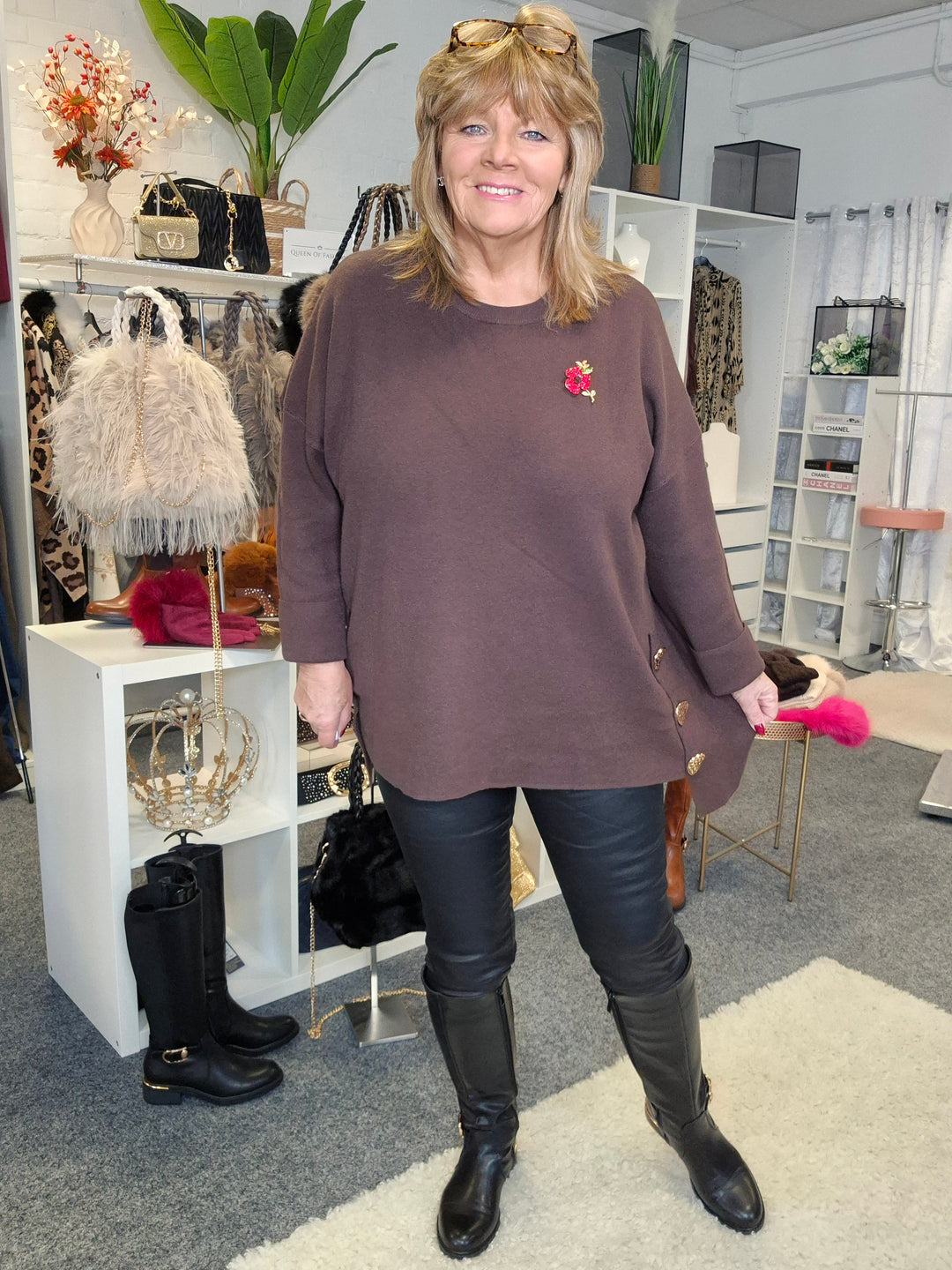 Hammersmith Buttoned Hi Lo Oversized Jumper - Chocolate (One Size/Curvy, fits from Size 14 up to Size 18)