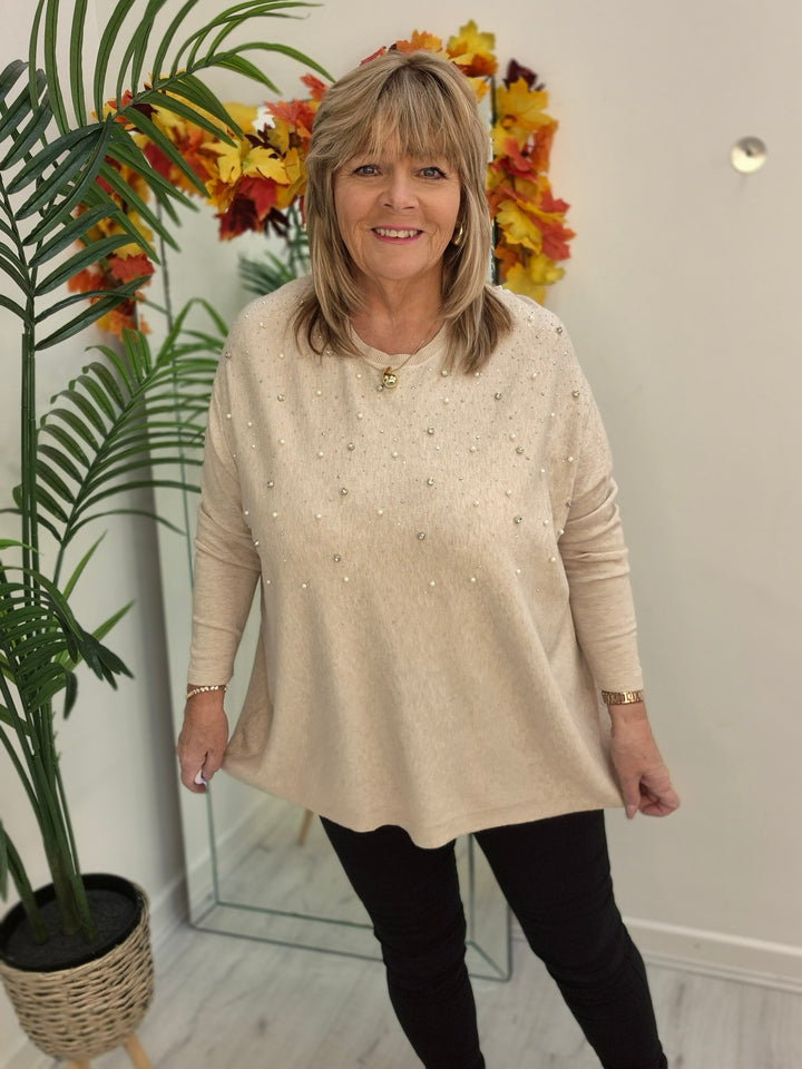 Angie Pearl & Crystal Fine Knit Oversized Jumper - Beige (One Size/Curvy - fitting from Size 14/16 up to Size 20)