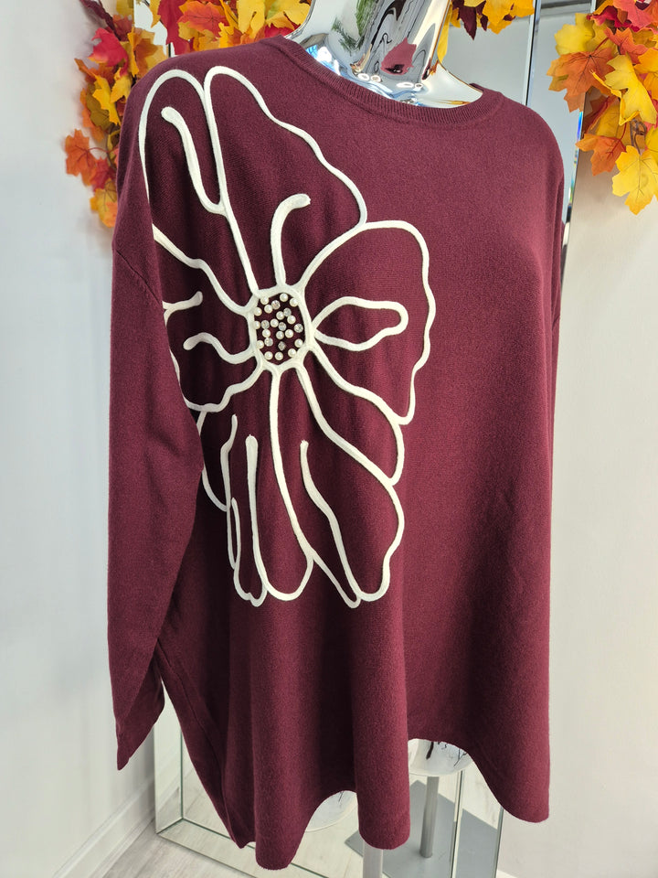 Pearl & Crystal Oversized Jumper - Wine (One Size/Curvy, fits from Size 14 up to Size 18)
