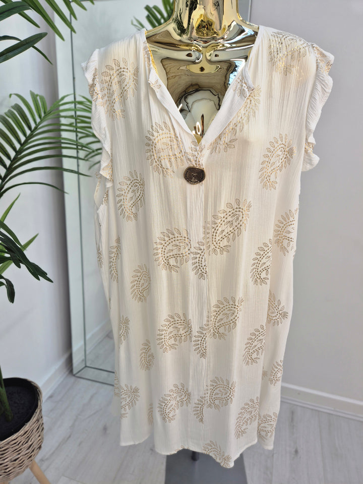 Ibiza Paisley Design Frilled Sleeve Dress - White/Gold - (Loose Fit)