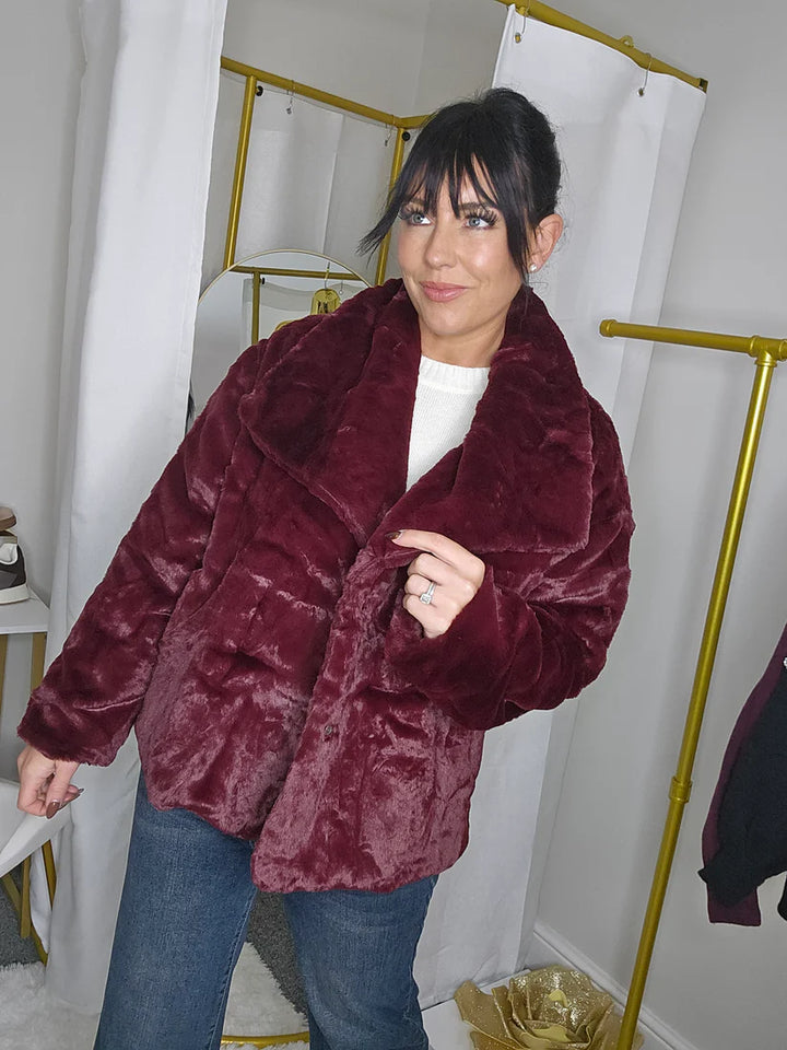 Oslo Faux Fur Medium Length Coat - Wine (One Size - fits from Size 10/12 up to Size 16/18)