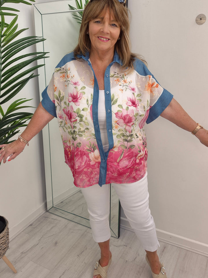 Floral Broderie Anglaise Blouse with Sequins - (Oversized)