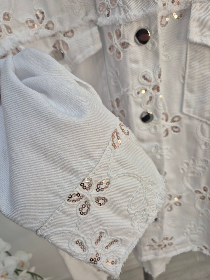 Dana Floral Sparkly Denim Shacket - White (One Size/Curvy, fitting from Size 10/12 up to Size 18) PRE-ORDER FOR DELIVERY MONDAY 2ND MARCH