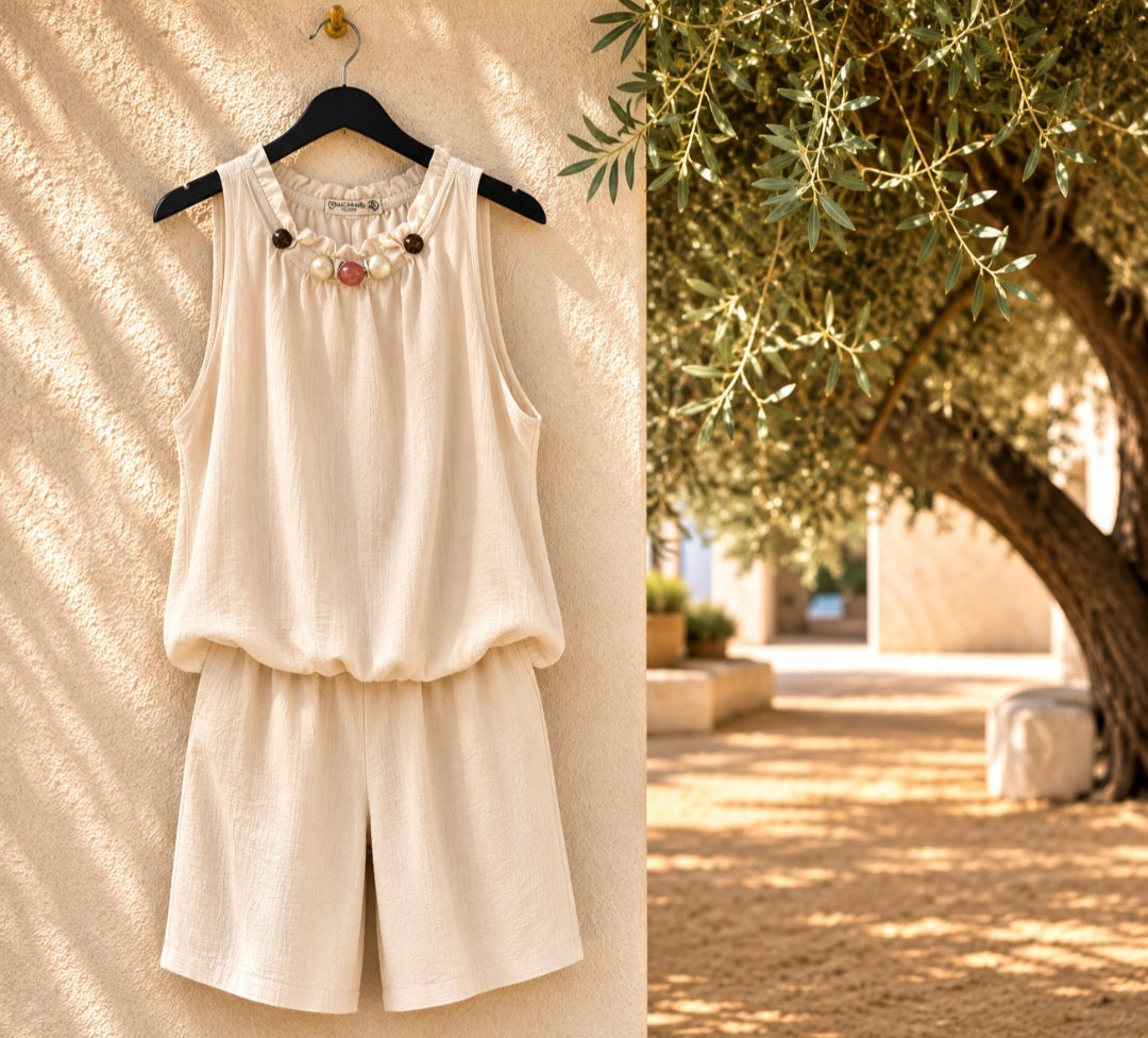 Zara Beaded Top & Shorts Set - Stone (One Size fits up to Size 16 or Small Size 18)