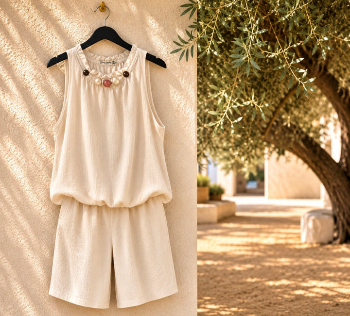 Zara Beaded Top & Shorts Set - Stone (One Size fits up to Size 16 or Small Size 18)