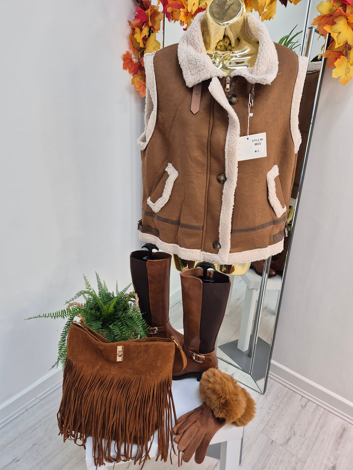 Borg Gilet with Zip - Tan (One Size fitting from Size 12 up to Size 16)