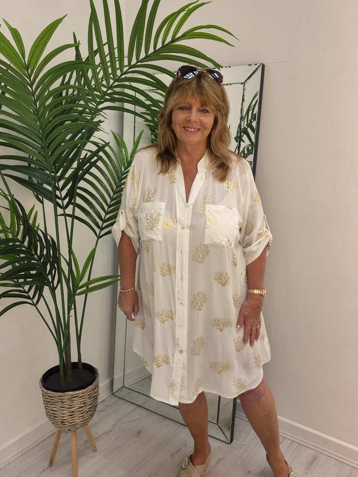 Ibiza Tree of Life Shirt Dress - White/Gold (Loose Fit)