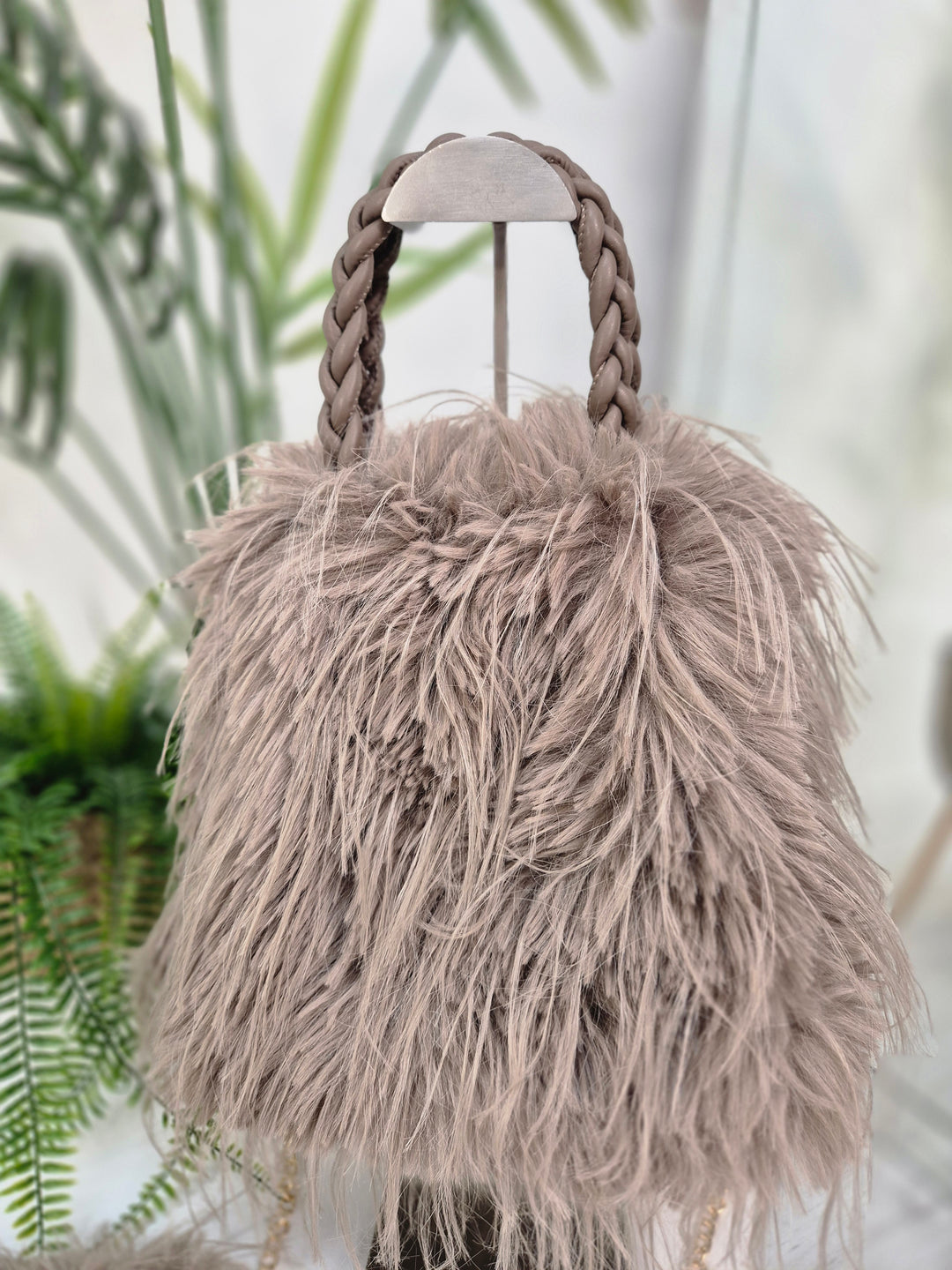 Oslo Faux Fur Shaggy Bag with Dual Handles & Chain Strap - Mocha