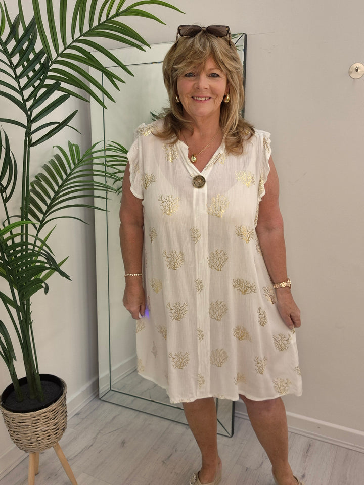 Ibiza Tree of Life Frilled Sleeve Dress - White/Gold - (Loose Fit)