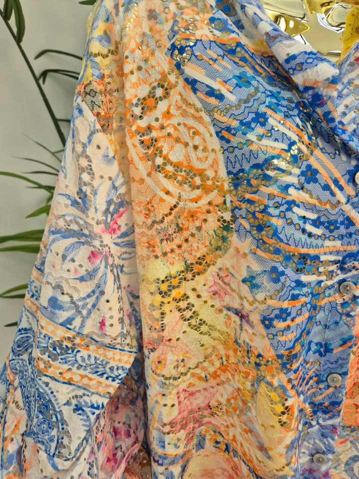 Alba Floral Double Fluted Sleeve Top - Blue Multi (Oversized, fitting from Size 14 up to Size 20)