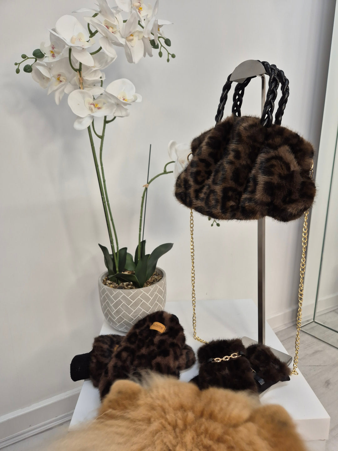 Oslo Faux Fur Bag with Gold Chain - Chocolate Leopard