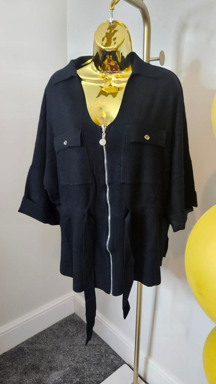 Danni Drawstring Cardigan - Black - (One Size/Curvy - fits up to Size 18/20)