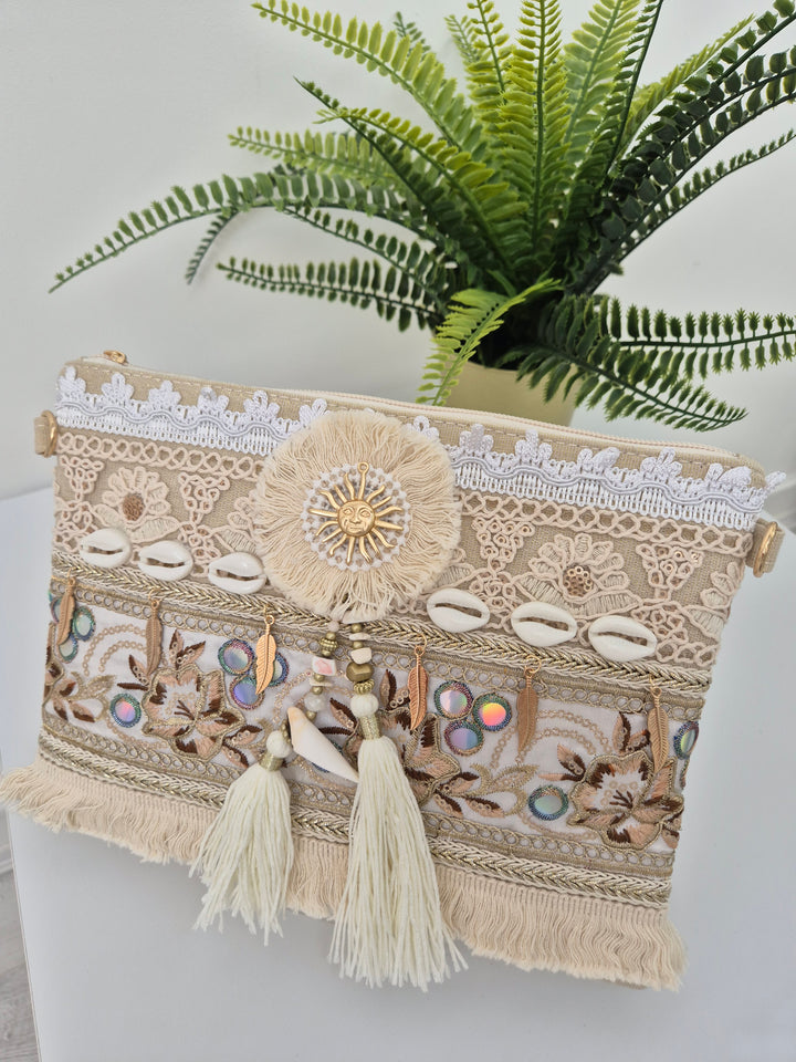 Seashells, Sun, Tassels Clutch Bag - Natural