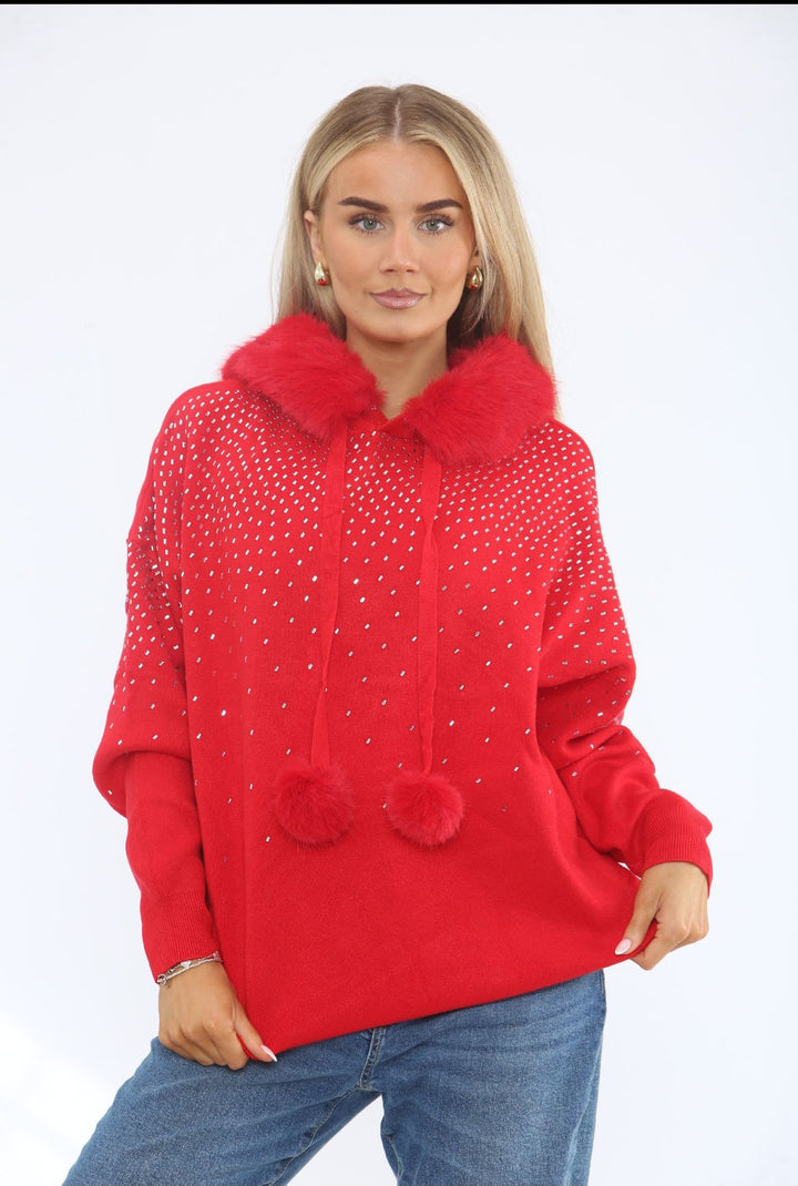 Oslo Faux Fur Sparkly Hoodie - Red (One Size fits from Size 10/12 up to Size 18)
