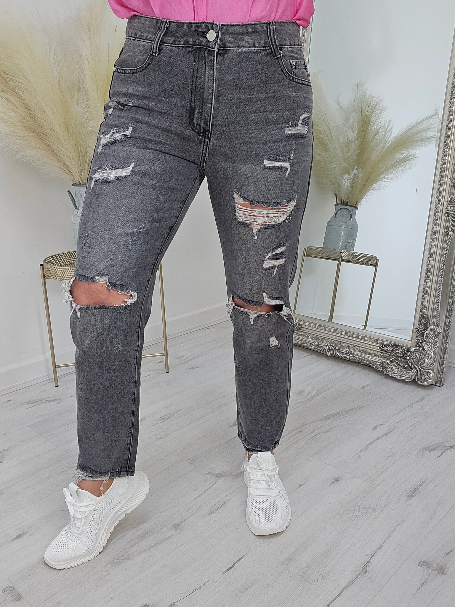 G Smack Mom Jeans - Ripped/Distressed Grey Stonewashed (Sized)