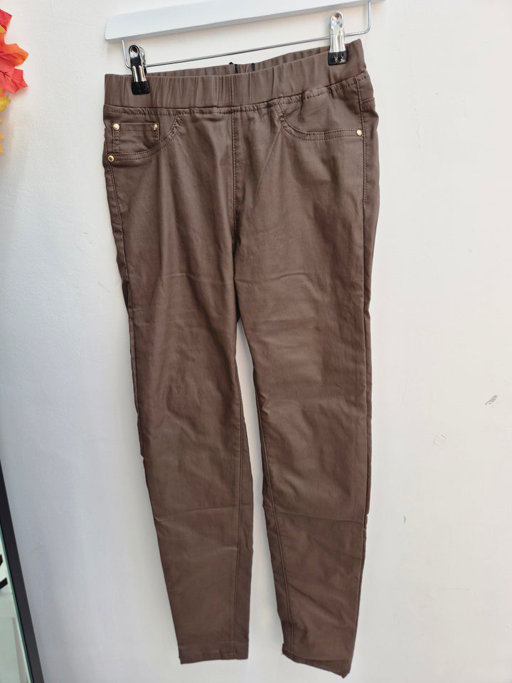 Emma Pull On PU Coated Jeans - Chocolate (choose your Size)
