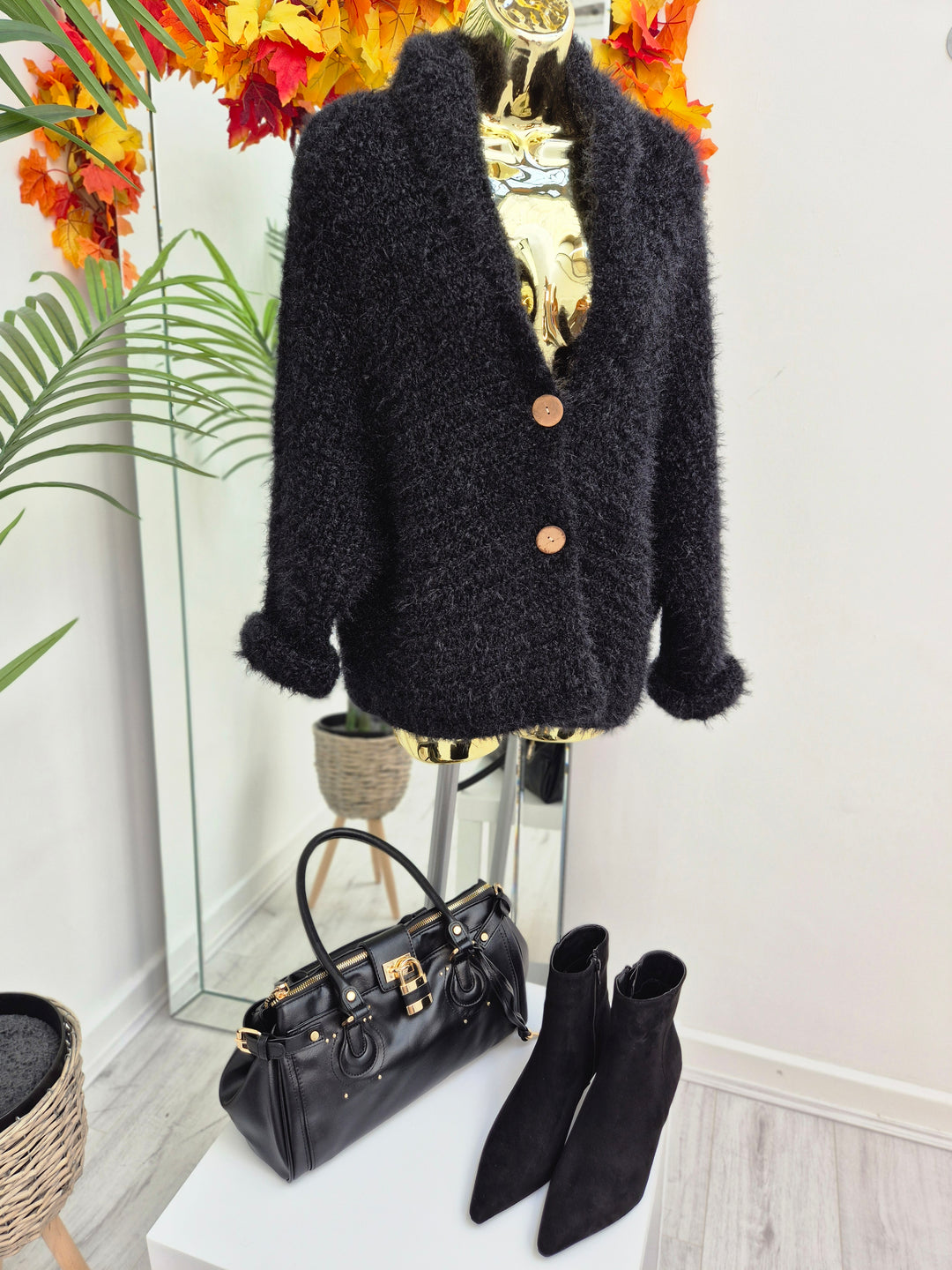 Finley Fluffy Cardigan  - Black (One Size - fits up to Size 14/16)
