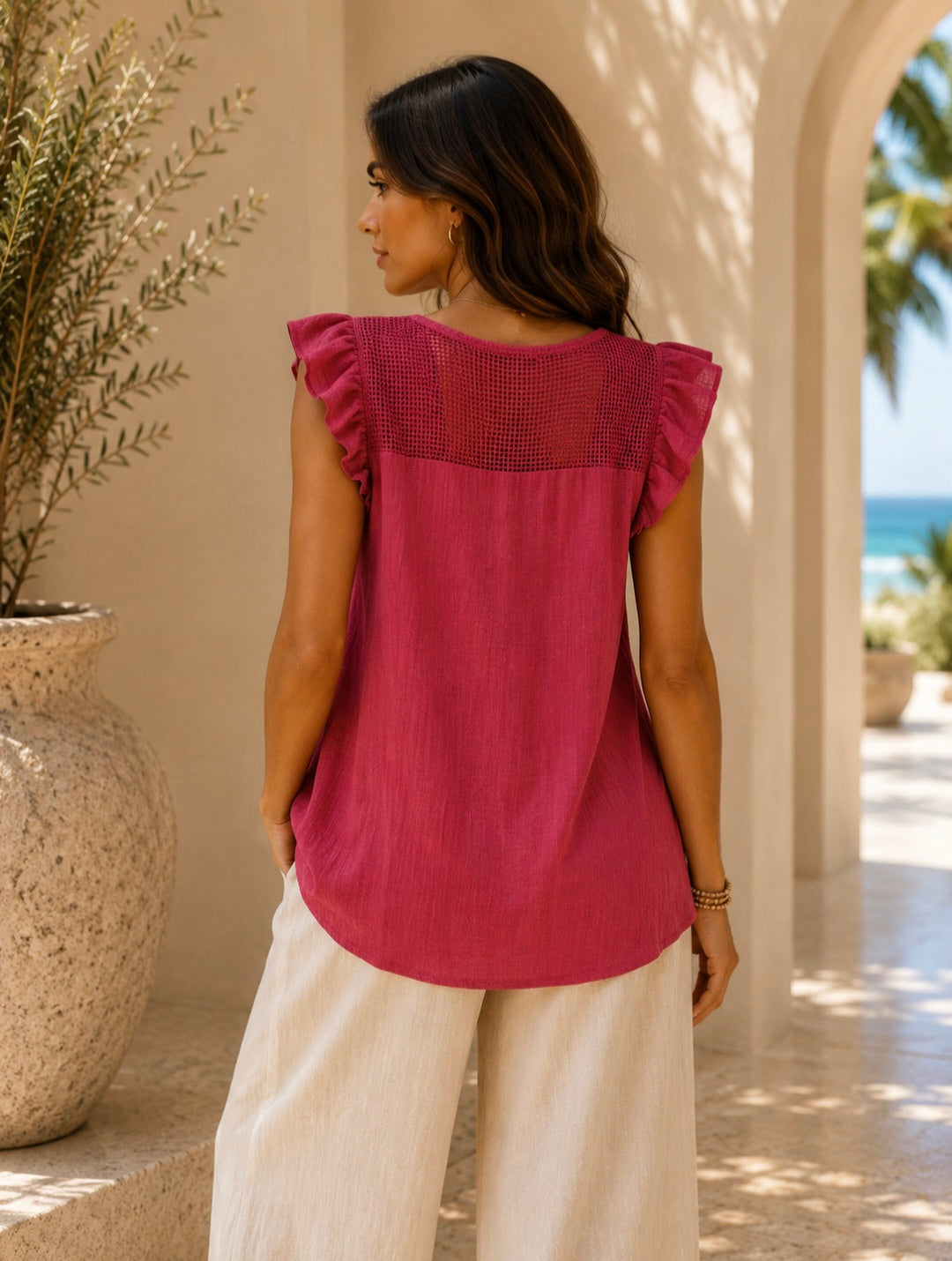 Tuscany Frilled Top with Mesh Shoulders (One Size, fits up to Size 16) - Berry