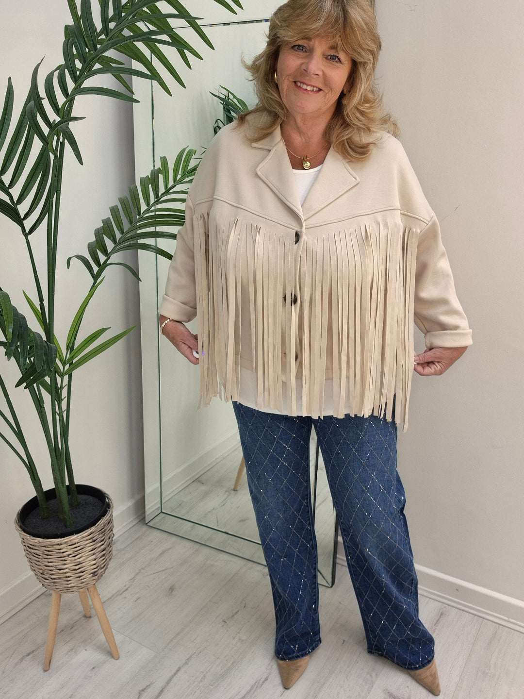Texas Fringed Jacket  - (One Size fits from Size 12/14 to Size 18) - Beige