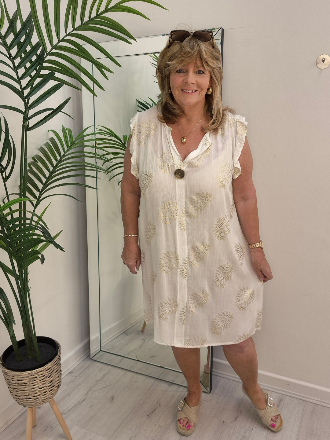 Ibiza Paisley Design Frilled Sleeve Dress - White/Gold - (Loose Fit)