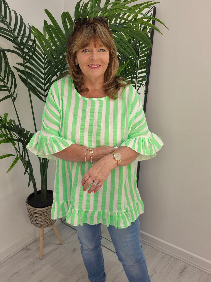 Candy Striped Top with Frilled Sleeves - (choose your Colour) - (Oversized)