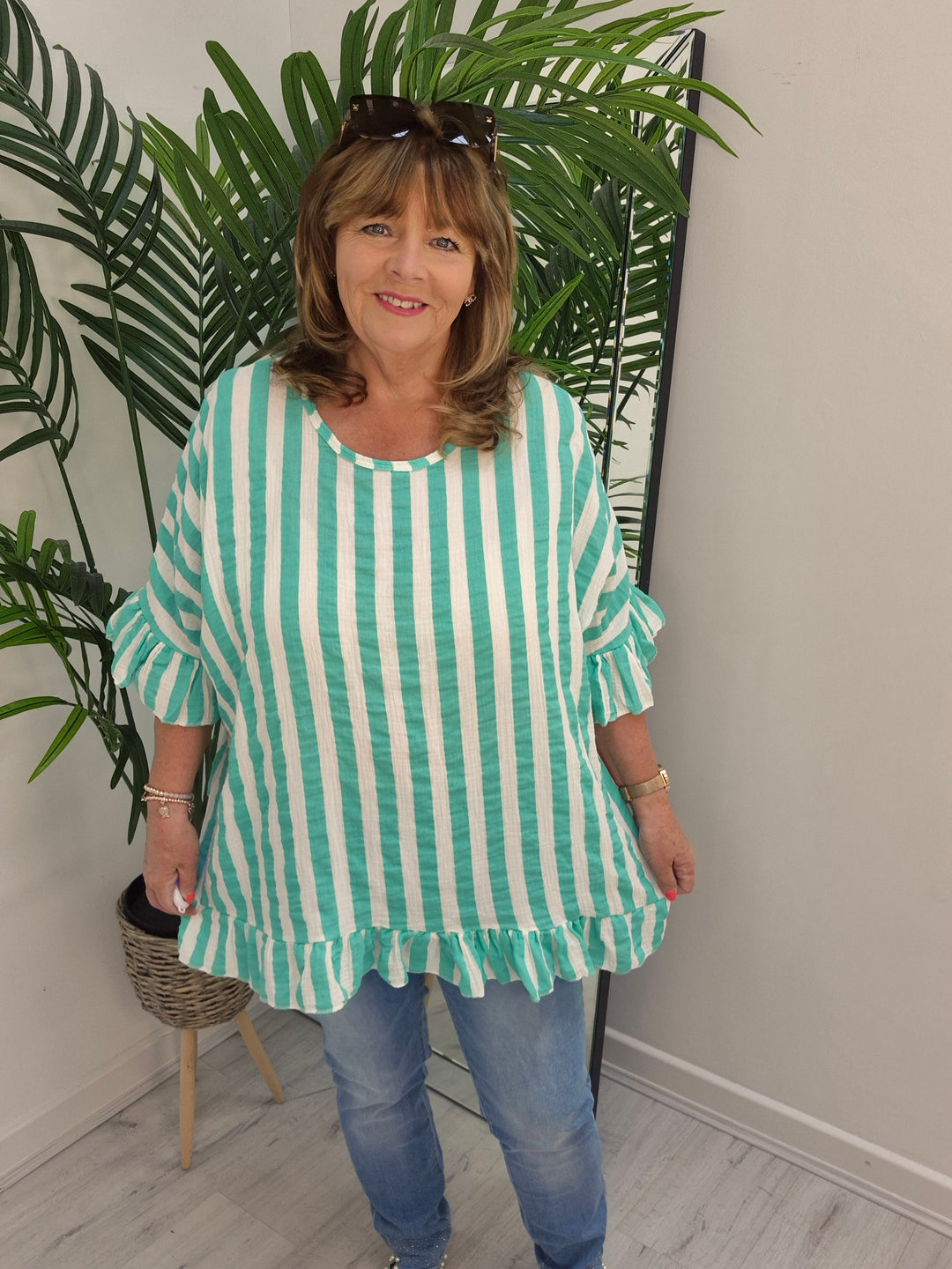 Candy Striped Top with Frilled Sleeves - (choose your Colour) - (Oversized)