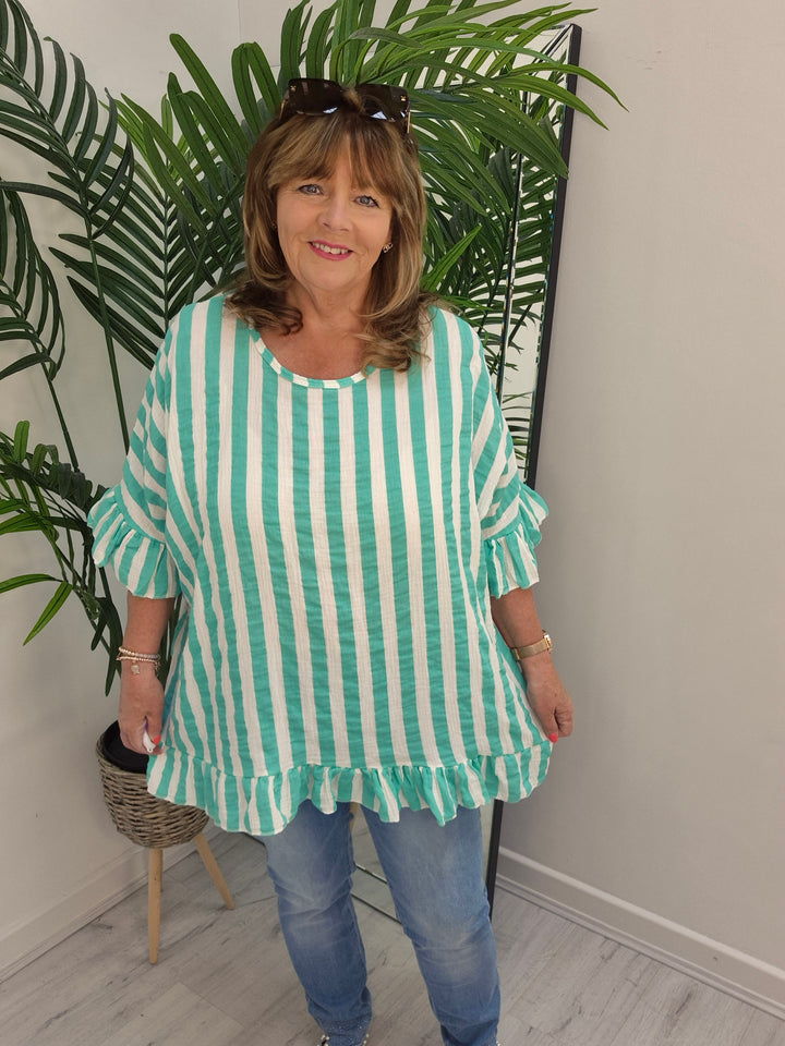 Candy Striped Top with Frilled Sleeves - (choose your Colour) - (Oversized)
