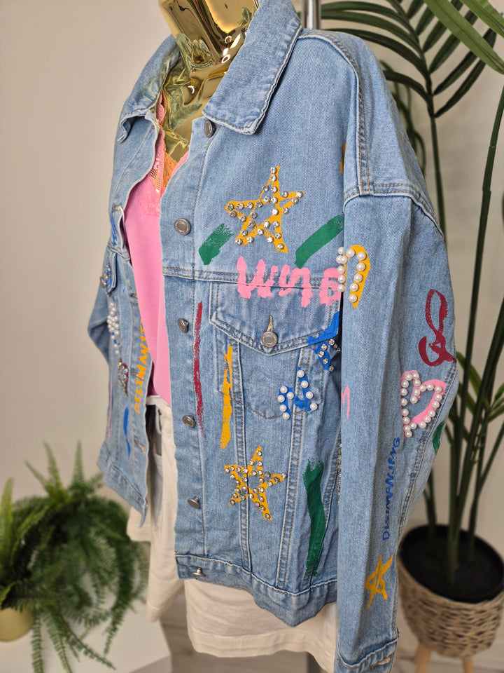 Paint Splashed Denim Jacket with Crystals - Stonewashed