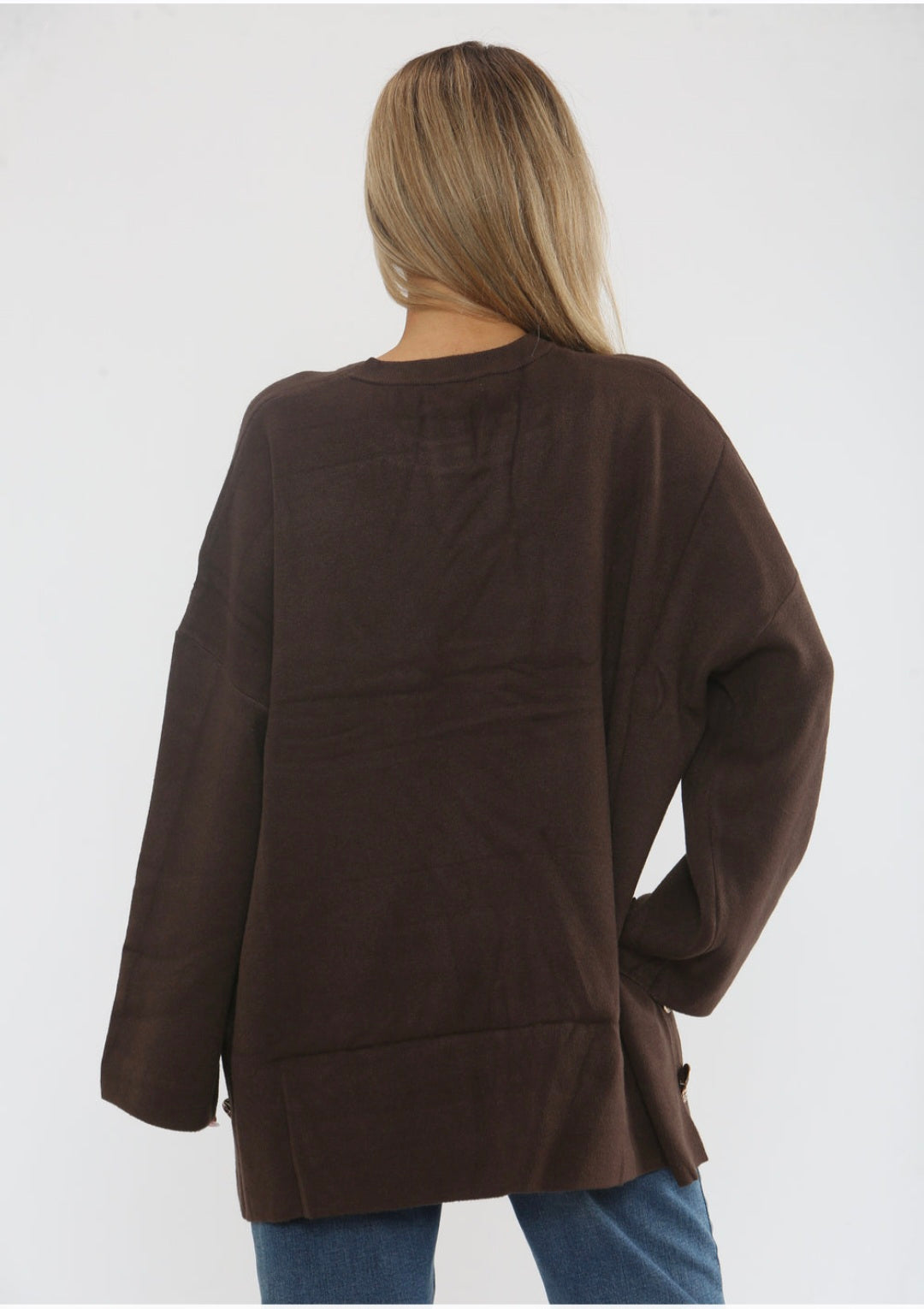 Hammersmith Buttoned Hi Lo Oversized Jumper - Chocolate (One Size/Curvy, fits from Size 14 up to Size 18)