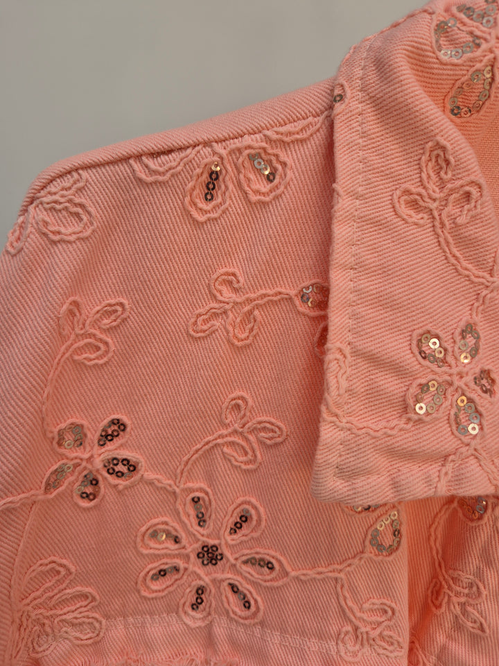 Dana Floral Sparkly Denim Shacket - Coral (One Size/Curvy, fitting from Size 10/12 up to Size 18)