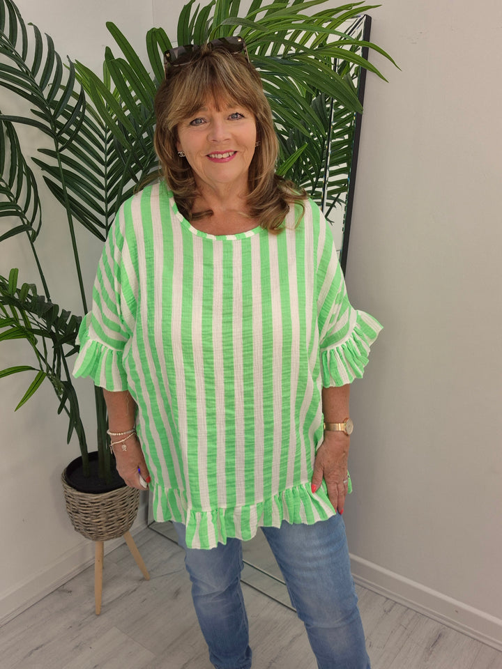 Candy Striped Top with Frilled Sleeves - (choose your Colour) - (Oversized)