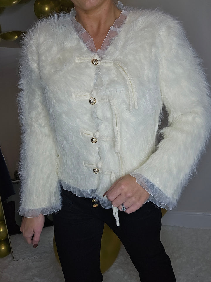 Oslo Fluffy Baroque Buttoned Cardigan - Cream (One Size, fitting from Size 10 up to Size 16)