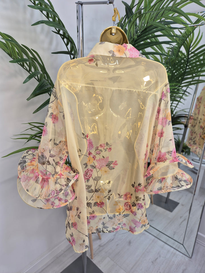 Alba Floral Chiffon Double Fluted Sleeve Blouse - (choose your Colour) - (Oversized)