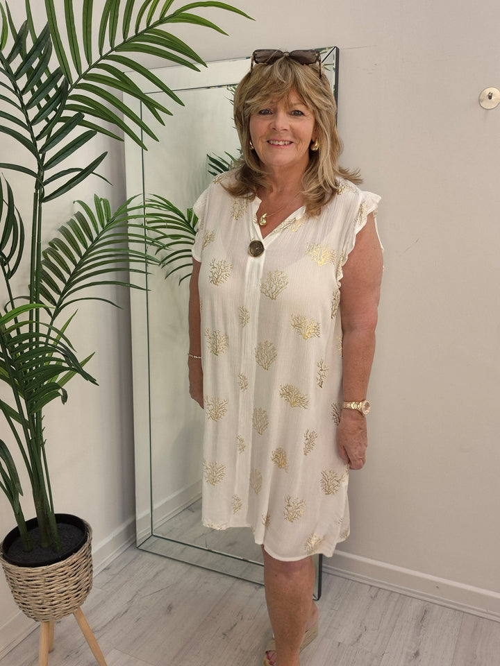 Ibiza Tree of Life Frilled Sleeve Dress - White/Gold - (Loose Fit)