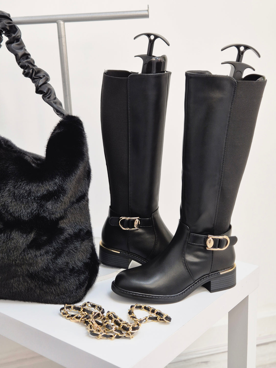 Boston Riding Boots with Elasticated Stretchy Back - Black