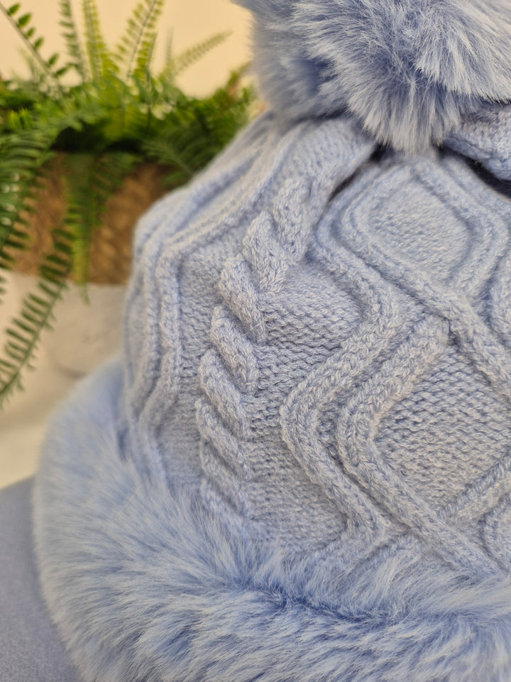 Oslo Faux Fur Pom Pom Cable Hat & Soft Feel Brushed Tassel Scarf Bundle - Powder Blue